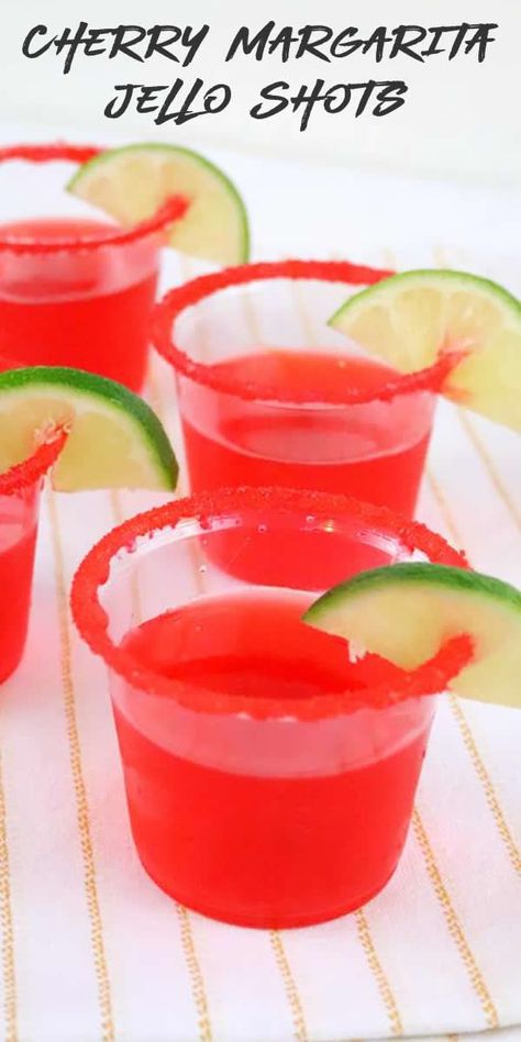 mini shot glasses with red salt rim & lime filled with cherry margarita tequila alcohol jello shots Red Alcoholic Drinks, Alcohol Jello Shots, Tequila Jello Shots, Cherry Jello Shots, Easy Jello Shots, Margarita Jello Shots, Margarita Jello, Cherry Margarita, Thanksgiving Recipes Drinks