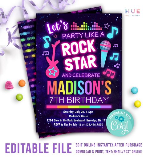 Music Birthday Invitation, Rock Star Birthday Party, Rock And Roll Birthday Party, Roller Skating Birthday Invitations, Music Birthday Party, Rock And Roll Birthday, Music Theme Birthday, Rockstar Birthday, Rock Star Birthday