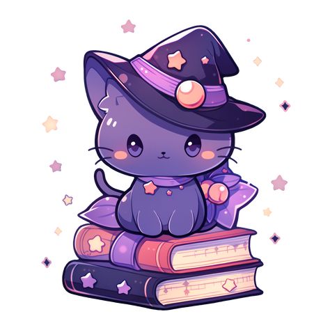 Cute Kawaii Halloween Purple Kitty Happy Witches Cat on Spell Books Sticker Cute Witch Illustration, Kawaii Book, Kawaii Magic, Kawaii Witch, Witches Cat, Cat World, Witch Drawing, Purple Books, Halloween Purple