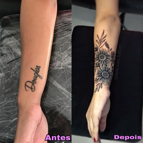 Flower Tattoo On Wrist Cover Up, Covered Up Tattoos For Women, Cover Up Tattoos Back Of Arm, Tattoo Cover Up Forearm Women, Family Cover Up Tattoos, Cover Up With Flowers Tattoo, Cover Up Tattoos On Forearm, Name Cover Up Tattoos For Women On Wrist, Tattoo Ideas Female Side Wrist