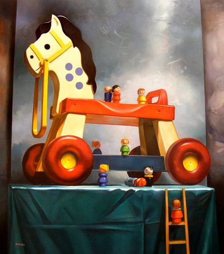 little people too!  If It's Hip, It's Here: Margaret Morrison's Paintings Of Candy Treats and Childhood Toys Narrative Painting, Toy Nostalgia, Childhood Art, Trojan Horse, The Toys, Toy Horse, Realistic Paintings, Ap Art, Still Life Art