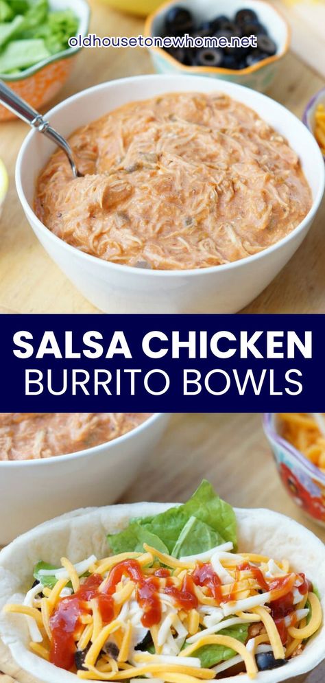 Slow Cooker Salsa Chicken Burrito Bowls Enchilada Burrito, Chicken Enchilada Bowl, Enchilada Bowl, Chicken Burrito Bowls, Slow Cooker Salsa Chicken, Slow Cooker Salsa, Easy Chicken Dinner, Chicken Dinner Recipe, Chicken Burrito