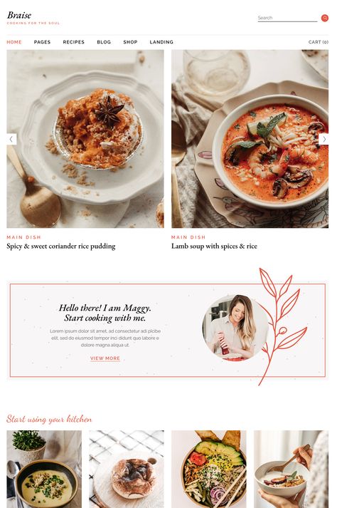 Every successful food blog website starts with a pinch of Braise, a WordPress theme we designed for all your recipes and cooking! The theme packs captivating nutritionist, cooking, cookbook, baking, chef, and recipe card templates, as well as elements for food bloggers, chef recipes, ingredients, organic food, and more. On top of that you also get full Elementor and WooCommerce compatibility, as well as every feature you’ll need to get noticed in the nutrition and recipe community! Food Website Design Layout, Chef Website Design, Food Blog Website Design, Recipe Website Design, Cooking Blog Design, Food Blog Website, Chef Website, Baking Website, Website Wireframe