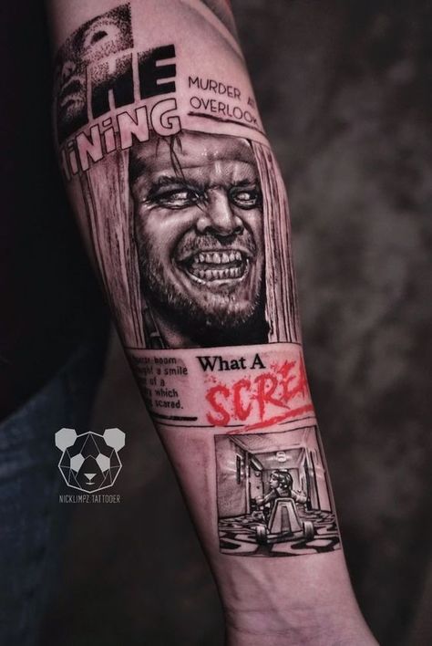 Horror Tattoo Sleeve Women, Horror Movie Tattoos Ideas Drawing, Female Horror Tattoo, Creepshow Tattoo, Horror Sleeve Tattoos For Women, Movie Tattoo Sleeve, The Shining Drawing, Horror Characters Tattoo, Horror Leg Sleeve Tattoo