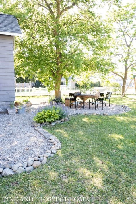 Gravel Driveway Stone Edging, Gravel Front Patio, Pea Gravel Edging, Add Privacy To Patio, Pea Gravel Driveway Edging, Pea Stone Patio Ideas, Diy Backyard Landscaping On A Budget, Pea Gravel Front Yard, Patio Gravel Ideas