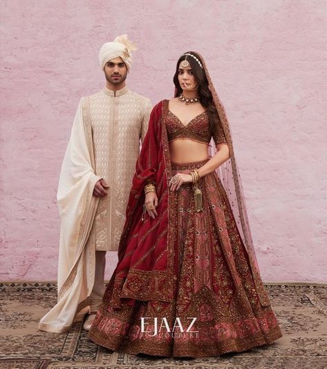 Ejaaz Couture on Instagram: "Breathing in a ton of cultural hues and ethnicities, our bride and groom are ready to invite you to their world where the most beautiful moments are found. Homage to heritage, Crafted for the new age and Curated with love ~ Our bridal couture treasure ~ Humsafar Collection available at the Flagship Store. — Shop with us: ⚜️at our Flagship Store : D 33, First Floor, Defence Colony, New Delhi - 110024 ⚜️Whatsapp : +91-9873789288 ⚜️Website : Link in the bio ⚜ Bride And Groom Indian Wedding Outfit, Payal Keyal, Maroon Bridal Lehenga, Latest Bridal Lehenga Designs, Winter Wedding Outfits, Bride And Groom Outfits, Bridal Lehenga Designs, Latest Bridal Lehenga, Desi Wedding Dresses