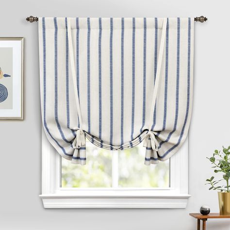 PRICES MAY VARY. READY MADE: 1-piece printed lined tie up window curtain, measures 45” wide and 63” long, constructed with 3” Rod Pocket on top. Easy to install. PREMIUM FABRIC: This expensive-looking tie up curtain is crafted from open weave linen blend fabric and premier workmanship, sturdy and durable, soft but still rustic, no loose threads. Primitive and natural effect make the tie up curtain more draped and aesthetic. The premium tie up curtain made of linen blended fabric adds more romanc Ticking Stripe Roman Shades, Roman Shades Bathroom, Vintage Blue Buffalo Check Kitchen Farmhouse Curtains, Blue And White Faux Roman Shades, Bathroom Curtains Window Small Bed Bath & Beyond, Farmhouse Kitchen Curtains, Farmhouse Bathroom Window Curtains Bed Bath & Beyond, Tie Up Shades, Tie Up Curtains