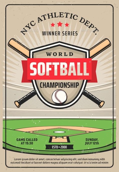 Softball Flyer, Softball Championship, Softball Posters, Sports Posters, Recruitment Poster, Illustrator Inspiration, Baseball Bats, Sports Flyer, Championship Game