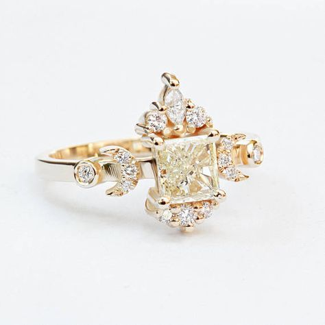 Celestial Doorway to Heaven Hindi Moon Yellow Square Princess Celestial Engagement Ring, Square Diamond Engagement Ring, Simple Diamond Ring, Yellow Gold Wedding Ring, Unique Diamond Rings, Princess Cut Rings, Unique Engagement Ring, Princess Cut Diamond, Square Diamond