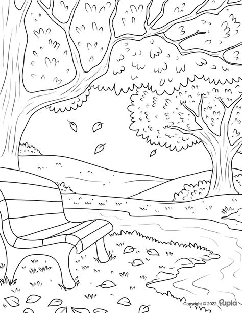 Fall Forest Bench Coloring Page Free Printable Coloring Pages For Adults Easy, Scenery Coloring Pages, Landscape Coloring Pages, Forest Coloring Pages, Forest Coloring Book, Coloring Pages Nature, Journal Inserts, Best Coloring Pages, Adjective Worksheet