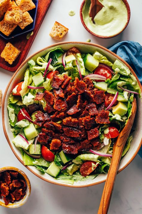 Vegan BLT Salad with Avocado & Tempeh Bacon 21 Challenge, Vegan Blt, Veg Meals, Vegan Ranch Dressing, Tempeh Bacon, Blt Salad, Creamy Ranch Dressing, Salad With Avocado, Satisfying Salads