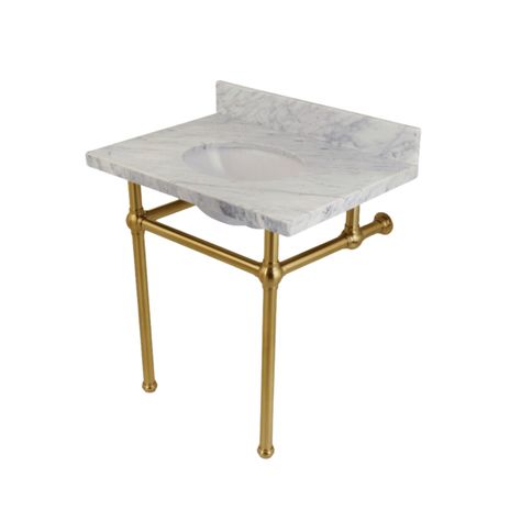 DIY Sink Stand - Cass Makes Home Square Bathroom Sink, Carrara Marble Bathroom, Brass Console, Bathroom Console, Gold Bad, Console Bathroom Sink, Carrara Marble Countertop, Console Sink, Console Sinks