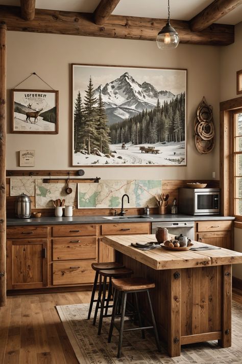 Mountain Cabin Decor Kitchen, Pacific Northwest Kitchen Design, Mountain Cottage Kitchen, Modern Mountain Decor Interior Design, Mountain Cabin Kitchen Rustic, Cabin Interior Design Kitchen, Kitchen Ideas Western, Mountain Cabin Aesthetic Interior, Small Mountain House Interior