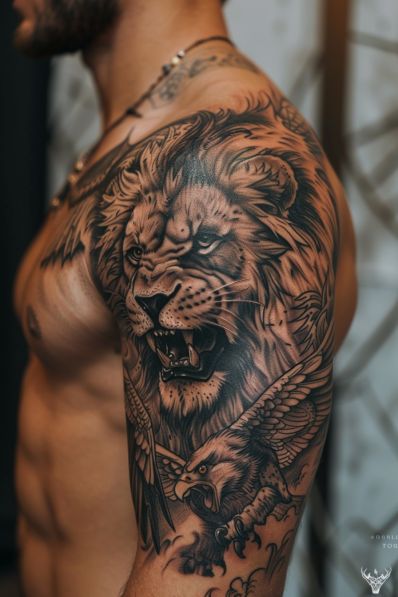 35+ Majestic Lion Tattoo Ideas Animal Shoulder Tattoo For Men, Warrior Half Sleeve Tattoo Men, Forearm Animal Tattoo Men, Big Guy Tattoos, Men’s Tiger Tattoo, Simple Tattoo Designs Men Arm, Daniel Lions Den Tattoo, Majestic Lion Tattoo, Lion Tattoo Design Men