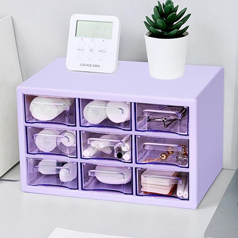 Desk Storage Organizer with 9 Drawers,MYKASEN Clear Plastic Storage Cabinet, Stackable Desk Storage Box for Makeup Office Craft Hardware Art Supplies,9.8x6.3x5.9inch(Purple)… Clear Organizers, Box For Makeup, Clear Organization, Art Supply Box, Clear Drawers, Hardware Art, Space High Quality, Purple Desk, Box With Drawers