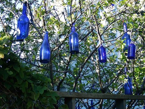 I've seen movies where this was done. I always thought it was beautiful for some reason. Would be really cool to put tea lights in them and light them at night time. Wine Bottle Trees, Painted Tires, Haint Blue, Bottle Trees, Houses Of The Holy, Blue Ceilings, Bottle Tree, Folk Magic, Beaufort Sc