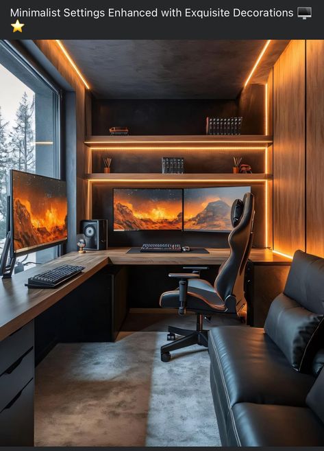 Male Office Space, Gaming Room Setup Desks, Interior Design Styles 2024, Gaming Setup Modern, Gaming Office Setup, Luxury Office Ideas, Day Trading Setup Home Office, Black Game Room, Gaming Table Setup