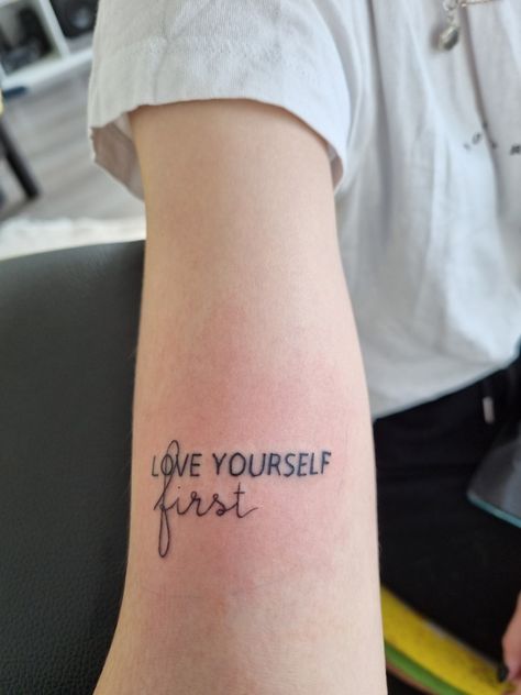 Tattoo Ideas Female Love Yourself, Make Yourself Proud Tattoo, Ideas For First Tattoo For Women, Love Yourself Tattoos For Women Symbol, Put Yourself First Tattoo, Love Yourself First Tattoo, Tattoo Black Women, Tattoo Under Breast, Rare Tattoos