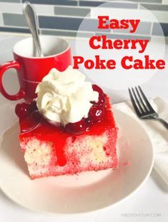 Easy Cherry Poke Cake Cherry Poke Cake, Cheesecake Poke Cake, Yellow Cake Cupcakes, Easy White Cake Recipe, Pineapple Poke Cake, Cherry Chip Cake Mix, Cherry Chip Cake, Cream Cheese Whipped Cream, Poke Cake Jello