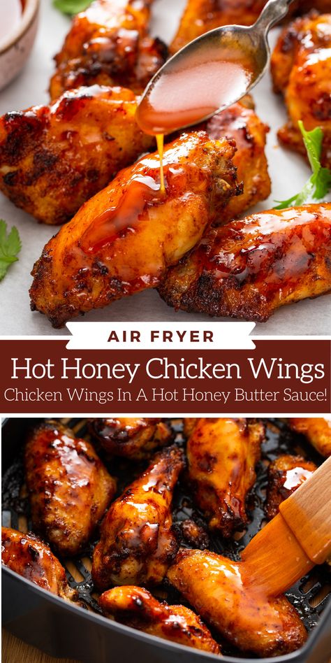 Honey Butter Chicken Wings, Honey Wings Recipe, Butter Chicken Wings, Hot Honey Butter, Party Munchies, Chicken Wing Sauce Recipes, Hot Honey Sauce, Air Fryer Recipes Chicken Wings, Hot Honey Recipe