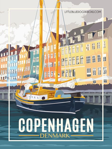 Copenhagen Denmark - Vintage Travel Poster Copenhagen Travel, Postal Vintage, Denmark Travel, 11x17 Poster, Poster City, Travel Savings, Retro Travel Poster, Vintage Travel Poster, Travel Illustration