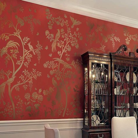 AmazonSmile: Birds and Berries Chinoiserie Wall Mural Stencil - DIY Asian Garden Decor - Reusable stencils for Home Makeovers (Small): Home & Kitchen Chinoiserie Stencil, Chinoiserie Interior, Large Wall Stencil, Mural Stencil, Wall Stencil Patterns, Chinese Wallpaper, Wallpaper Stencil, Stencil Painting On Walls, Asian Garden