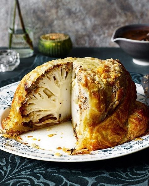 Cauliflower wellington | delicious. magazine Vegetarian Christmas Recipes, Vegetarian Roast, Vegetarian Starters, Wellington Recipe, Canapes Recipes, Vegetarian Christmas, Crock Pots, Appetizer Ideas, Delicious Magazine