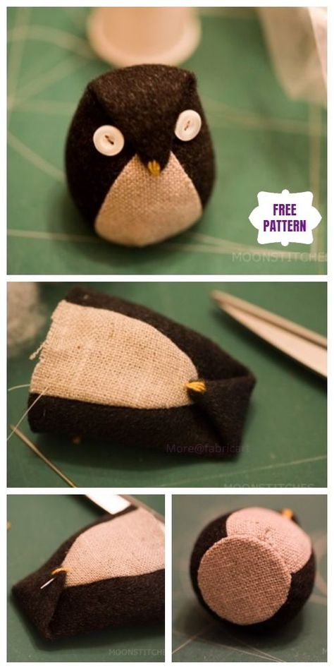 DIY Fabric Softy Kawaii Owl Free Sew Pattern & Tutorial Fabric Owl Pattern, Owl Pin Cushions Patterns Free, Fabric Owl Pattern Free, Fabric Owls To Make, Owl Pincushion Pattern Free, Doorstop Pattern Free, Owls Crafts, Owl Pincushion, Owl Doorstop