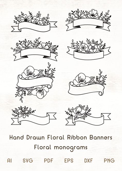 Floral Ribbon Banners SVG - Floral monogram #floralribbonbannersvg #floralbannersvg #ribbonbannersvg #ribbonbannercliparts #flowerribbonbanner #flowermonogramsvg #ribbonmonogram #flowerribbonmonogram #flowerborder #monogramframesvg Banner Design Drawing, Notebook Doodles, Banner Drawing, Bullet Journal Banner, Floral Banners, Ribbon Banner, Bullet Journal Notebook, Floral Ribbon, Bullet Journal Art