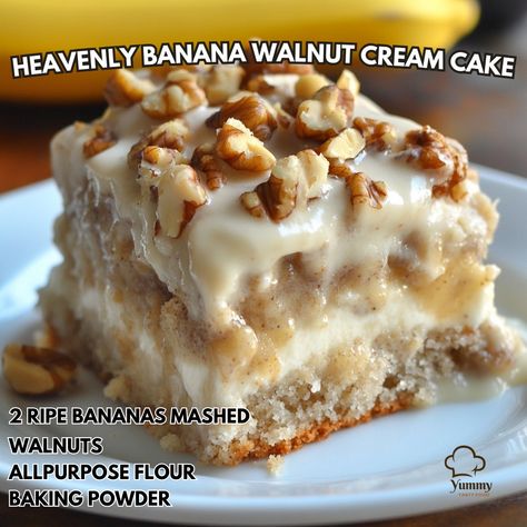 🍌🍰 Indulge in the perfect balance of banana sweetness and walnut crunch with this Heavenly Banana Walnut Cream Cake! Heavenly Banana Walnut Cream Cake Ingredients: - 2 ripe bananas, mashed - 1 cup chopped walnuts - 2 cups all-purpose flour - 1 tsp baking powder - 1/2 tsp baking soda - 1/2 tsp salt - 1/2 cup unsalted butter, softened - 1 cup sugar - 2 eggs - 1 tsp vanilla extract - 1 cup sour cream Instructions: 1. Preheat oven to 350°F. Grease and flour a 9x13-inch baking pan. 2. In a bowl... Heavenly Banana Walnut Cream Cake, Banana Walnut Cake, Walnut Cream, Cozy Fall Recipes, Banana Walnut, Twisted Recipes, Walnut Cake, Ripe Bananas, Trending Recipes