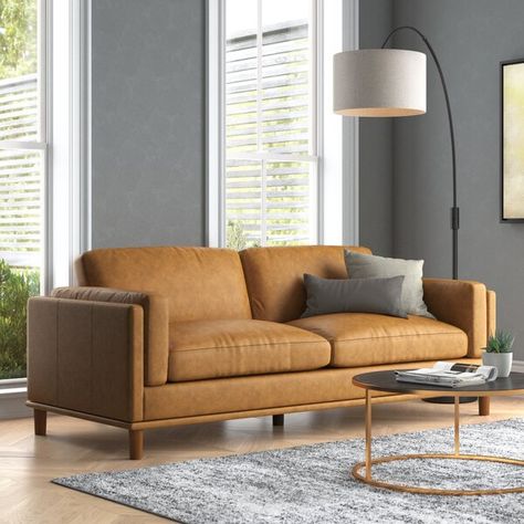 Wade Logan® Salix 86'' Upholstered Sofa & Reviews | Wayfair Tan Leather Sofas, House Upgrades, Genuine Leather Sofa, Modern Leather Sofa, Square Arm Sofa, Leather Reclining Sofa, Sofa Review, Eucalyptus Wood, Urban Loft