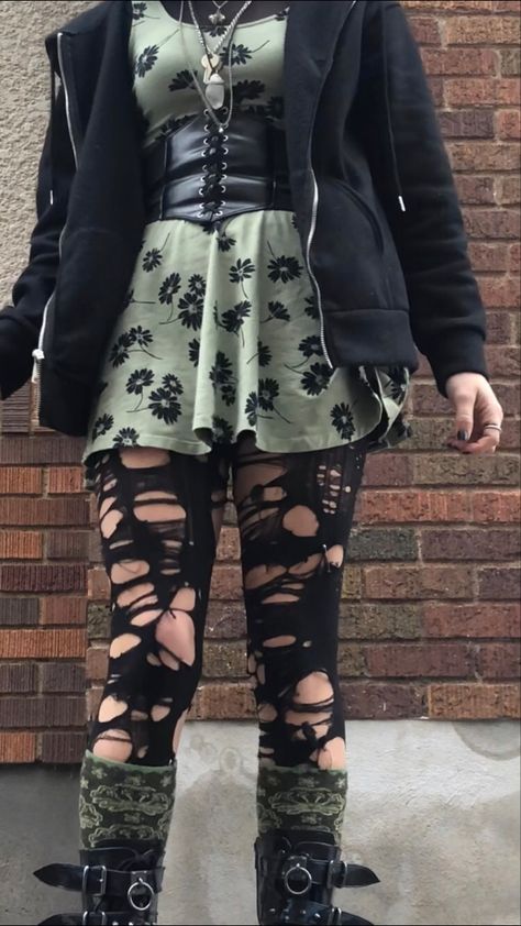 Black And Green Alt Outfit, Green Goth Clothes, Ripped Tights Outfit Grunge, Green Alternative Outfit, Black And Green Outfit Aesthetic, Green Alt Outfits, Green Goth Outfit, Green Goth Aesthetic, Ripped Tights Outfit