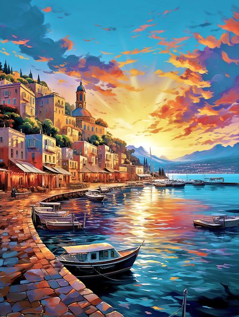 Paintings Of Cities, Italy Painting Easy, City Art Illustration, Italy Illustration Art, City Landscape Illustration, City Landscape Painting, Boat Painting Acrylic, Paint On Canvas For Beginners, Beautiful Scenery Paintings