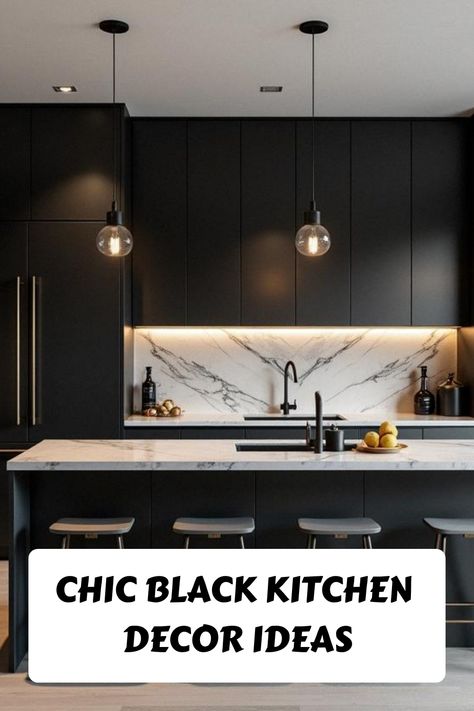 Chic Black Kitchen Decor Ideas Kitchen Black Cabinets White Counter, Black Cabinets Grey Countertops, Black Appliance Kitchen, Black Cabinets Gray Countertops, Black Kitchen White Countertops, Black Cabinets White Countertops, Kitchen With Black Appliances, Luxury Black Kitchen, Modern Countertops