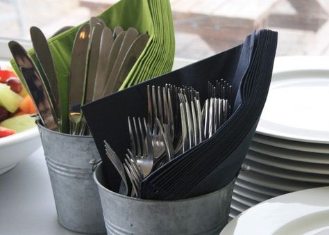 Silverware For Party Buffet, Napkin Utensil Holder Party Ideas, Napkin Display For Buffet, Cutlery Holder Ideas For Party, Buffet Silverware Display, Buffet Cutlery Display, Cutlery Display For Party, Silverware Display For Party Buffet, Plastic Utensil Holder Ideas For Party