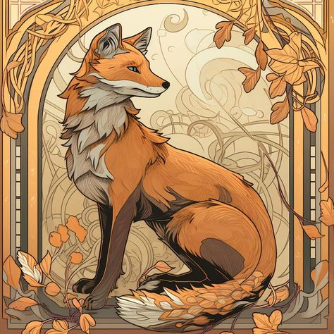 Art Nouveau Drawing, Nouveau Wallpaper, Fleurs Art Nouveau, Art Nouveau Wallpaper, Fox Artwork, Illustration Kunst, Fox Animal, Fox Drawing, Fox Illustration