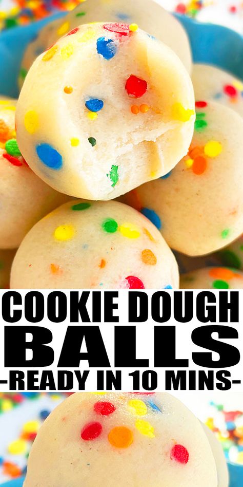 EDIBLE COOKIE DOUGH BALLS RECIPE- Quick and easy no bake cookie dough bites, homemade with simple ingredients in just 10 minutes. Also known as funfetti cookie dough balls. Loaded with heat treated sugar cookie dough and lots of sprinkles. From CakeWhiz.com No Bake Edible Cookie Dough, No Bake Sugar Cookie Dough, Cookie Dough Treats, Cookie Dough Balls Recipe, Easy No Bake Cookie Dough, Easy Sweet Recipes Quick No Bake, Sugar Cookie Balls No Bake, Cookie Dough Bites Recipe, Homemade Edible Cookie Dough