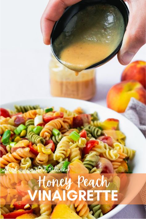 Honey Peach Vinaigrette is the perfect combination of honeyed sweetness and tart, juicy peach perfection. It's light, summery, and incredibly quick to whip up. #vinaigrette #peach #peachvinaigrette #saladdressing #dressing #healthydressing Peach Vinegar Recipes, Peach Vinaigrette Dressing, Homemade Nut Butter, Healthy Dressing, Salad Dressing Recipes Healthy, Honey Dressing, Juicy Peach, Vinegar And Honey, Grain Bowl