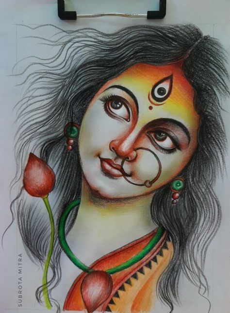 Durga Drawing Art, Goddess Sketch, Durga Drawing, Drawing Ideas Creative, Colorful Canvas Art, Buddhist Art Drawing, Bengali Art, Pen Art Work, Durga Painting