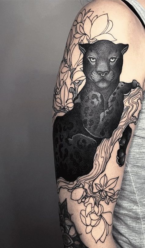 Panther Back Tattoo Woman, Feminine Panther Tattoo, Panther Leg Tattoo, Black Panther Tattoo For Women, Panther Back Tattoo, Panther Tattoo For Women, Tattoo Brazo Mujer, Panther Tattoos, Arm Cover Up Tattoos