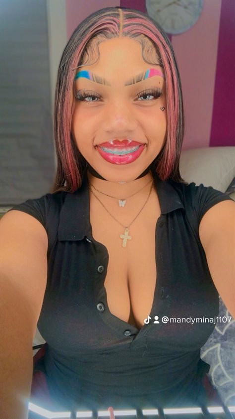 Pink And Black Braces, Pink Braces Black Women, Pink Highlighted Wig, Hot Pink Braces, Braces Black Women, Pink Braces, Highlighted Wig, Braces Black, Black Braces