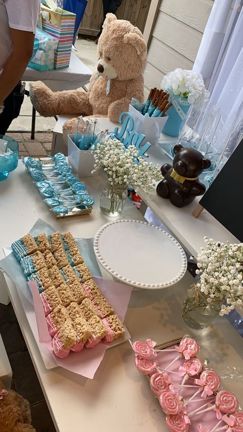 Snack Table Gender Reveal, Gender Reveal Bear Theme Dessert, Bear Theme Gender Reveal Treats, Bear Theme Gender Reveal Cake, Gender Reveal Deserts Ideas, Candy Bar Ideas Gender Reveal, Candy Table Gender Reveal, Teddy Bear Gender Reveal Dessert Table, Gender Reveal Cake Table Ideas