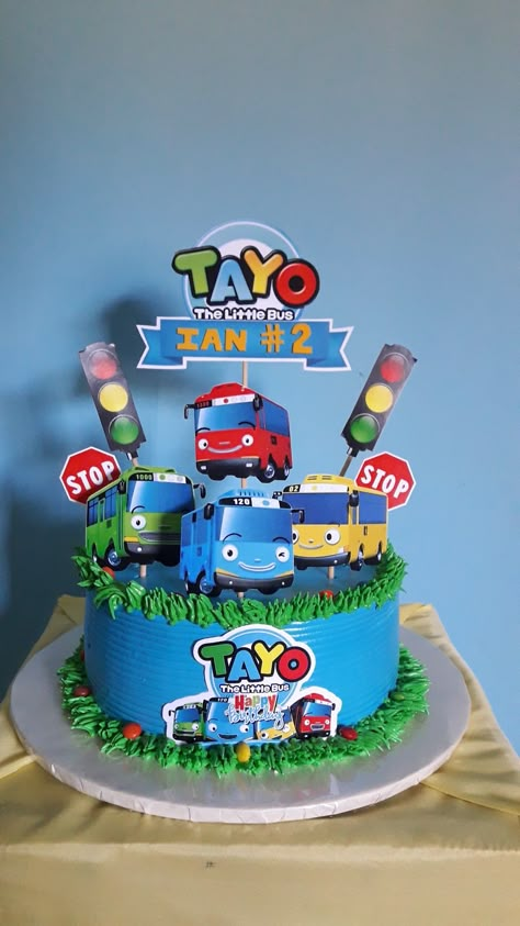 Tayo Bus Birthday Party Ideas, Tayo Birthday Cake Topper, Tayo Birthday Theme, Bus Cake Design, Tayo The Little Bus Birthday Party Ideas, Tayo Cake Ideas, Car Topper Cake, Tayo The Little Bus Birthday Cake, Tayo Birthday Decoration