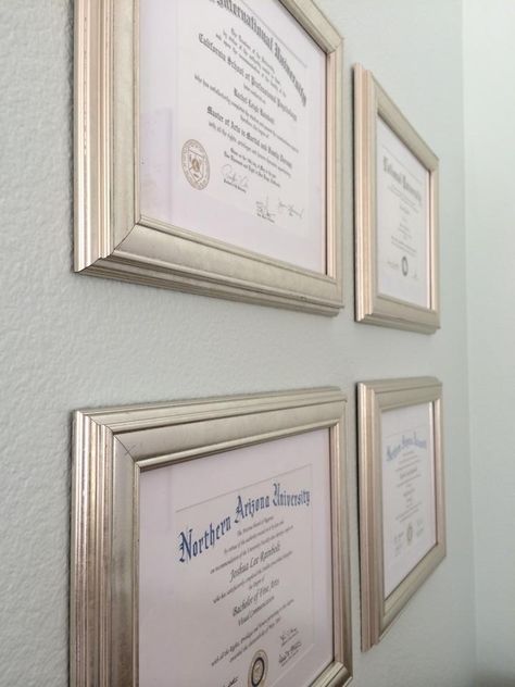 Diploma Aesthetic Pink, College Degrees Aesthetic, Degree Framing Ideas, Degree Display Ideas, Degree Wall Display Ideas, Diploma Display Ideas, College Diploma Aesthetic, Degree Frame Ideas, Certificate Wall Display Ideas