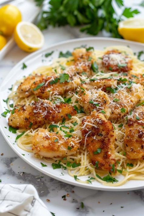 This chicken scampi is a restaurant-worthy dish no one can resist! Tender chicken is coated in a luscious garlic butter sauce and served over pasta. Garlic Butter Chicken Alfredo, Easy Dinners Chicken, Chicken Medallions, Crispy Chicken Dinner, Dinner Comfort Foods, Creamy Chicken Scampi Recipe, Crispy Chicken Pasta, Boneless Chicken Tender Recipes, Chicken Tenders And Pasta