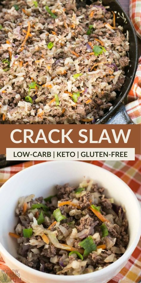 A quick and easy low carb crack slaw made with grated cabbage and ground beef. So good, it can be addicting which is how it got it's name. Quick Keto Ground Beef Recipes, Keto Cabbage And Ground Beef Recipes, Cabbage And Ground Beef, Cabbage Ground Beef Recipes, Quick Ground Beef Recipes, Ground Beef And Cabbage, Cabbage Slaw, Healthy Foodie, Cabbage Recipes