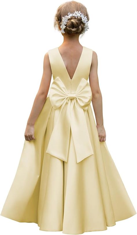 Amazon.com: HEWEGO Yellow Flower Girl Dresses for Wedding Long A-Line Satin Fromal Pageant Dress Peals Toddler Flower Girl Dress with Bow-Knot Yellow Size 2: Clothing, Shoes & Jewelry Satin Flower Girl Dresses, Yellow Flower Girl Dresses, Silk Flower Girl Dress, Wedding Floor, Wedding Motif, Flowergirl Dress, Yellow Wedding Dress, Wedding Sunset, Flower Girls Dresses