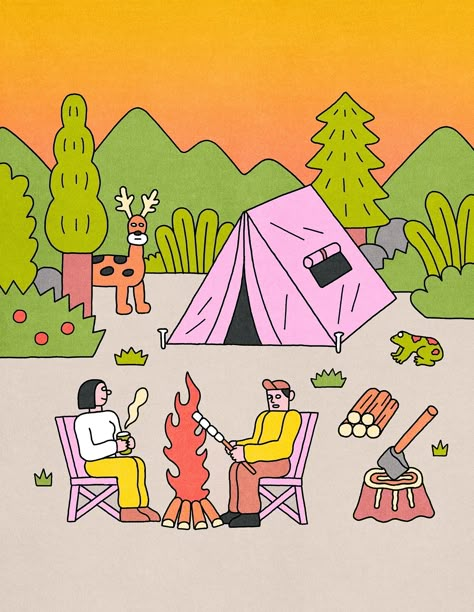 Yanolja | Soña Lee Camping Vector Illustration, Camping Graphic Design, Campfire Illustration, Camp Illustration, Color Doodles, Picnic Illustration, Calendar Drawing, Spring Illustrations, Camping Poster