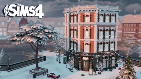 You can check out this on my gallery using #bojanasimsyt or you can go to my Patreon page and get tray files! Sims 4 Bookstore, Bookstore Exterior, Christmas Bookstore, Sims 4 Christmas Cc, Sims 4 Builds, London Streets, German Houses, Sims 4 Speed Build, London Holiday