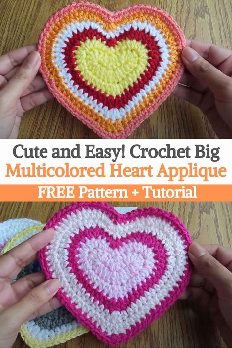 Crochet Heart Applique Pattern, Crochet Large Heart Applique Free Pattern, Large Heart Crochet Pattern, Crochet Heart Potholder Pattern, Crochet Large Heart Free Pattern, Big Heart Crochet Pattern, Crochet Flat Heart, Heart Applique Patterns Free, Crochet Heart Applique Free Pattern